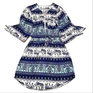 STELLA TWEED ELEPHANT BOHO MINIDRESS BLUE WHITE 1/2 ZIP WOMENS SMALL